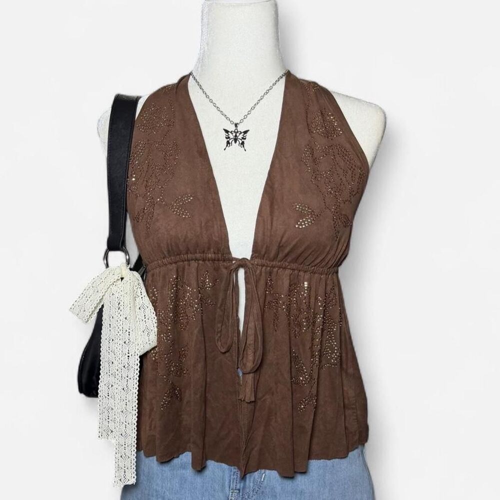Vintage Moa Moa Y2K Whimsygoth Studded Faux Suede Halter Top